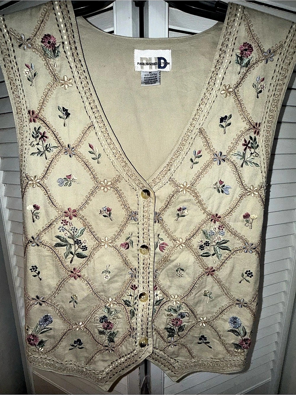 Vintage Paul Harris Design Embroidered Floral Vest in Cream Size Medium